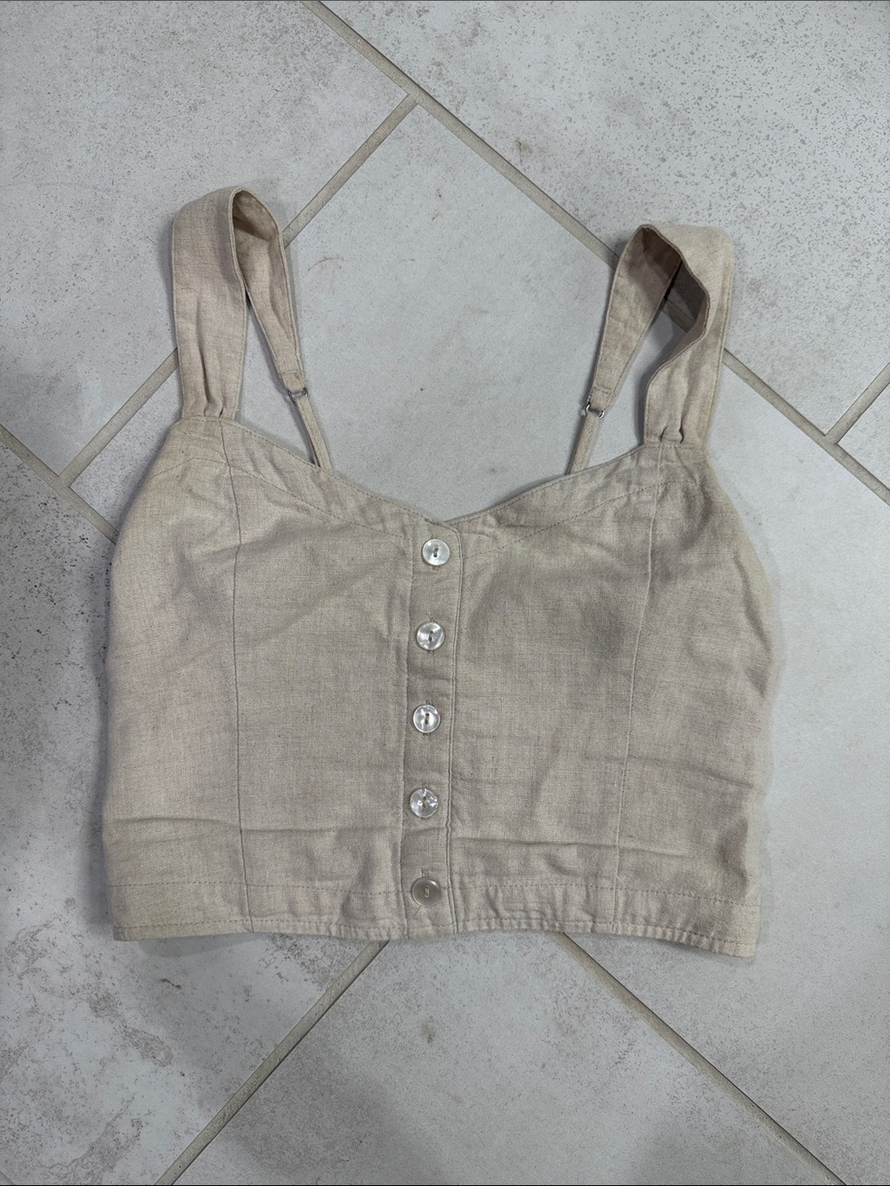 Abercrombie & Fitch Neutral Linen-Blend Button Front Cropped Camisole